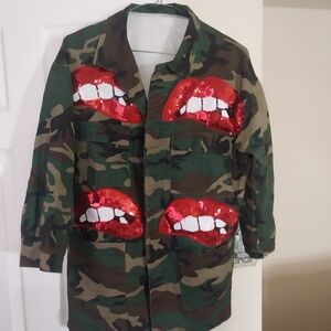 Camouflage Jacket with Red Sequin Lips Patch